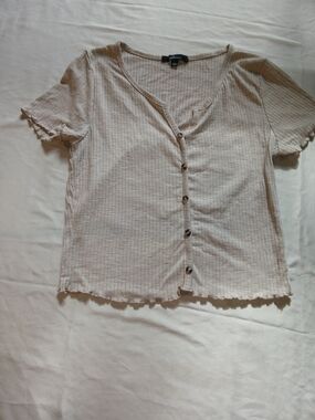 Ribbed Button-Front Crop Top in Light Beige